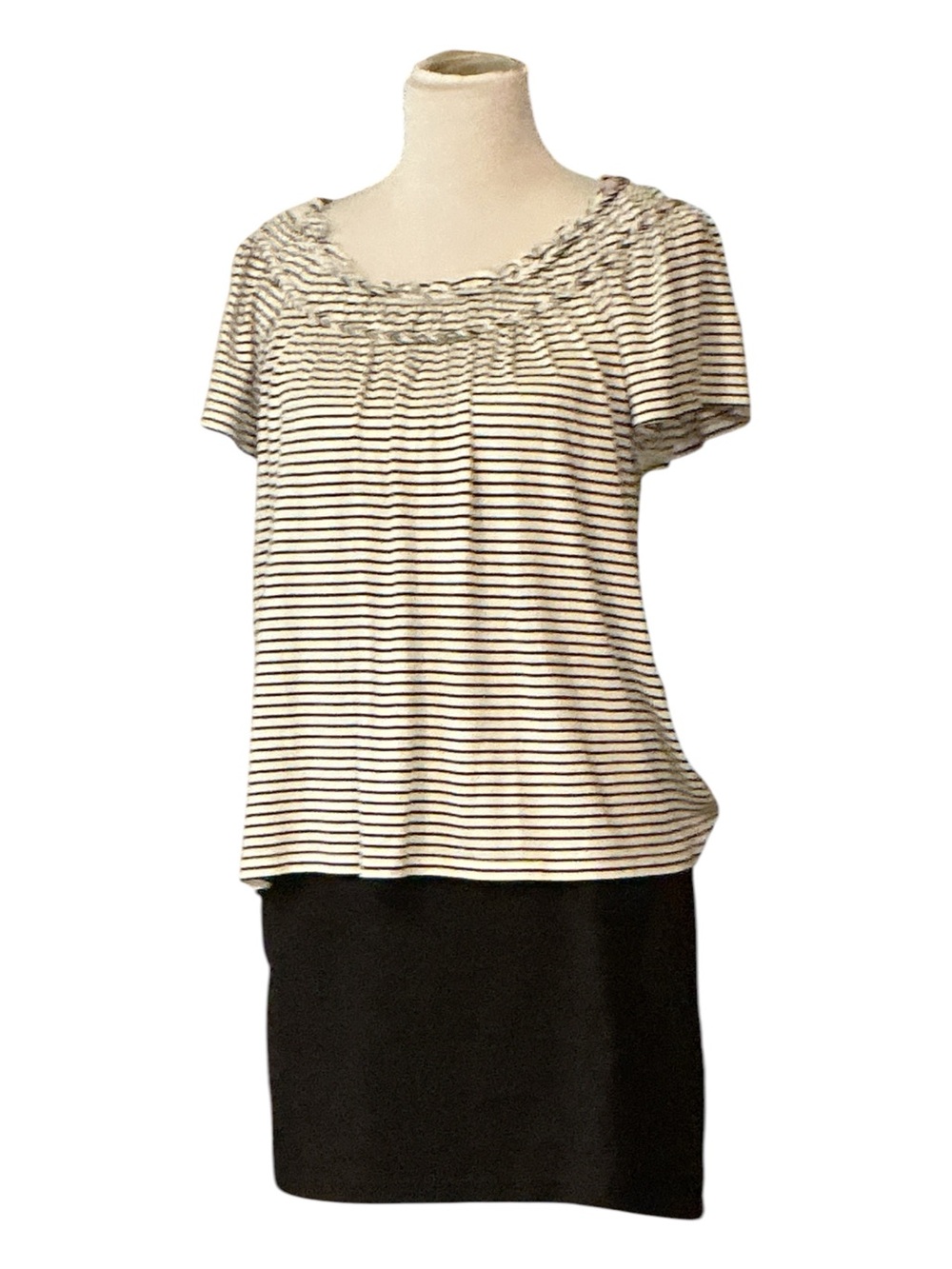 Max Studio Cream and Black Striped Short Sleeve Tee